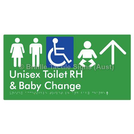 Braille Sign Unisex Accessible Toilet RH and Baby Change w/ Large Arrow: - Braille Tactile Signs (Aust) - BTS33RHn->U-grn - Fully Custom Signs - Fast Shipping - High Quality - Australian Made &amp; Owned