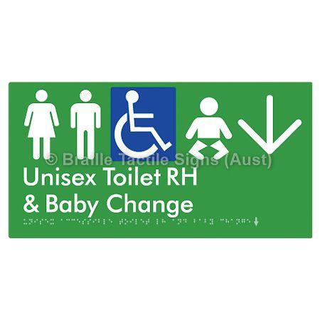 Braille Sign Unisex Accessible Toilet RH and Baby Change w/ Large Arrow: - Braille Tactile Signs (Aust) - BTS33RHn->D-grn - Fully Custom Signs - Fast Shipping - High Quality - Australian Made &amp; Owned