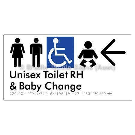 Braille Sign Unisex Accessible Toilet RH and Baby Change w/ Large Arrow: - Braille Tactile Signs (Aust) - BTS33RHn->L-wht - Fully Custom Signs - Fast Shipping - High Quality - Australian Made &amp; Owned