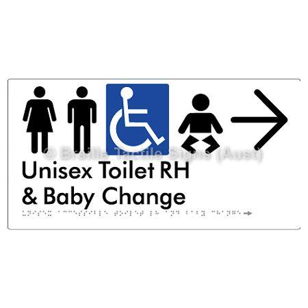 Braille Sign Unisex Accessible Toilet RH and Baby Change w/ Large Arrow: - Braille Tactile Signs (Aust) - BTS33RHn->R-wht - Fully Custom Signs - Fast Shipping - High Quality - Australian Made &amp; Owned