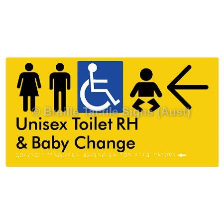 Braille Sign Unisex Accessible Toilet RH and Baby Change w/ Large Arrow: - Braille Tactile Signs (Aust) - BTS33RHn->L-yel - Fully Custom Signs - Fast Shipping - High Quality - Australian Made &amp; Owned