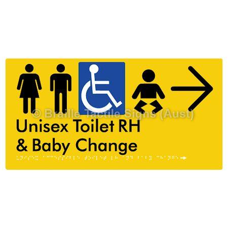 Braille Sign Unisex Accessible Toilet RH and Baby Change w/ Large Arrow: - Braille Tactile Signs (Aust) - BTS33RHn->R-yel - Fully Custom Signs - Fast Shipping - High Quality - Australian Made &amp; Owned