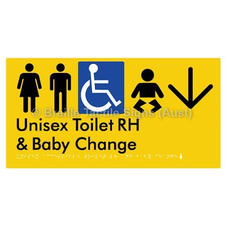 Braille Sign Unisex Accessible Toilet RH and Baby Change w/ Large Arrow: - Braille Tactile Signs (Aust) - BTS33RHn->D-yel - Fully Custom Signs - Fast Shipping - High Quality - Australian Made &amp; Owned