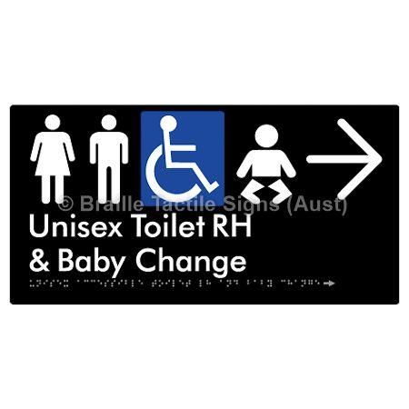 Braille Sign Unisex Accessible Toilet RH and Baby Change w/ Large Arrow: - Braille Tactile Signs (Aust) - BTS33RHn->R-blk - Fully Custom Signs - Fast Shipping - High Quality - Australian Made &amp; Owned