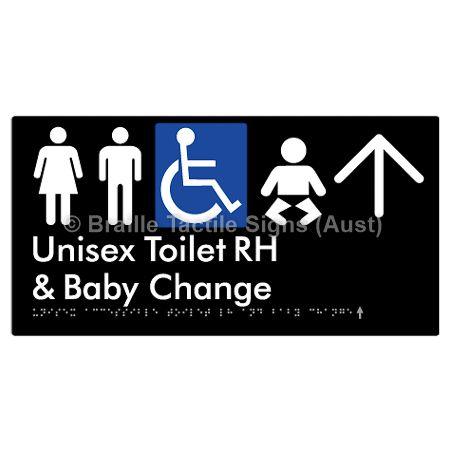 Braille Sign Unisex Accessible Toilet RH and Baby Change w/ Large Arrow: - Braille Tactile Signs (Aust) - BTS33RHn->U-blk - Fully Custom Signs - Fast Shipping - High Quality - Australian Made &amp; Owned