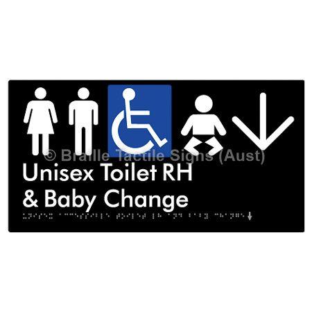 Braille Sign Unisex Accessible Toilet RH and Baby Change w/ Large Arrow: - Braille Tactile Signs (Aust) - BTS33RHn->D-blk - Fully Custom Signs - Fast Shipping - High Quality - Australian Made &amp; Owned