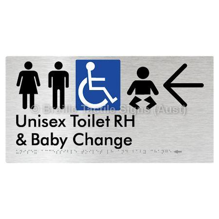 Braille Sign Unisex Accessible Toilet RH and Baby Change w/ Large Arrow: - Braille Tactile Signs (Aust) - BTS33RHn->L-aliB - Fully Custom Signs - Fast Shipping - High Quality - Australian Made &amp; Owned