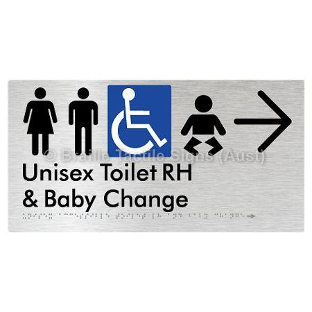 Braille Sign Unisex Accessible Toilet RH and Baby Change w/ Large Arrow: - Braille Tactile Signs (Aust) - BTS33RHn->R-aliB - Fully Custom Signs - Fast Shipping - High Quality - Australian Made &amp; Owned