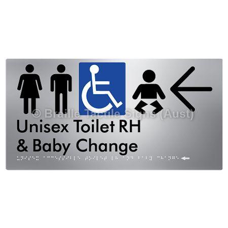 Braille Sign Unisex Accessible Toilet RH and Baby Change w/ Large Arrow: - Braille Tactile Signs Aust. - BTS33RHn->L-blu - Custom Signs - Fast Shipping - High Quality - Australian Made &amp; Owned