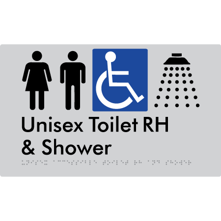 Braille Sign Unisex Accessible Toilet RH & Shower - Braille Tactile Signs Aust. - BTS35RHn-slv - Custom Signs - Fast Shipping - High Quality - Australian Made &amp; Owned | Silver