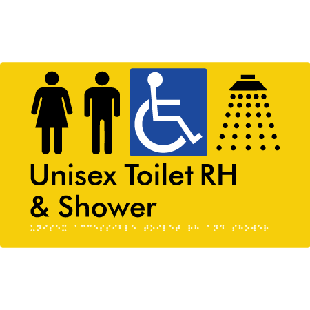 Braille Sign Unisex Accessible Toilet RH & Shower - Braille Tactile Signs Aust. - BTS35RHn-yel - Custom Signs - Fast Shipping - High Quality - Australian Made &amp; Owned | Yellow