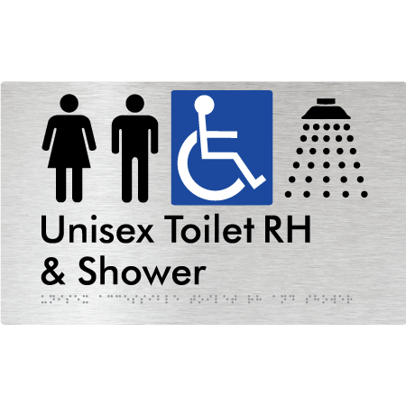 Braille Sign Unisex Accessible Toilet RH & Shower - Braille Tactile Signs Aust. - BTS35RHn-aliB - Custom Signs - Fast Shipping - High Quality - Australian Made &amp; Owned