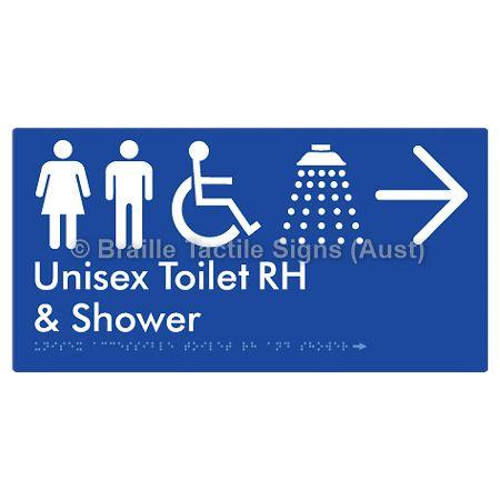 Braille Sign Unisex Accessible Toilet RH & Shower w/ Large Arrow: - Braille Tactile Signs (Aust) - BTS35RHn->R-blu - Fully Custom Signs - Fast Shipping - High Quality - Australian Made &amp; Owned