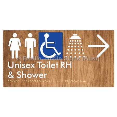 Braille Sign Unisex Accessible Toilet RH & Shower w/ Large Arrow: - Braille Tactile Signs (Aust) - BTS35RHn->R-wdg - Fully Custom Signs - Fast Shipping - High Quality - Australian Made &amp; Owned