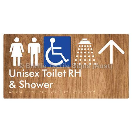 Braille Sign Unisex Accessible Toilet RH & Shower w/ Large Arrow: - Braille Tactile Signs (Aust) - BTS35RHn->U-wdg - Fully Custom Signs - Fast Shipping - High Quality - Australian Made &amp; Owned