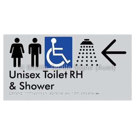 Braille Sign Unisex Accessible Toilet RH & Shower w/ Large Arrow: - Braille Tactile Signs (Aust) - BTS35RHn->L-slv - Fully Custom Signs - Fast Shipping - High Quality - Australian Made &amp; Owned