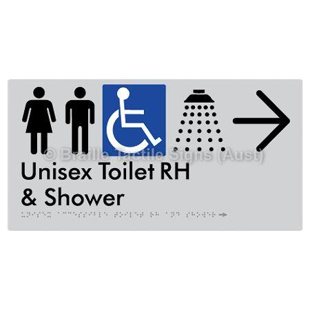 Braille Sign Unisex Accessible Toilet RH & Shower w/ Large Arrow: - Braille Tactile Signs (Aust) - BTS35RHn->R-slv - Fully Custom Signs - Fast Shipping - High Quality - Australian Made &amp; Owned