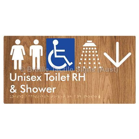 Braille Sign Unisex Accessible Toilet RH & Shower w/ Large Arrow: - Braille Tactile Signs Aust. - BTS35RHn->L-blu - Custom Signs - Fast Shipping - High Quality - Australian Made &amp; Owned