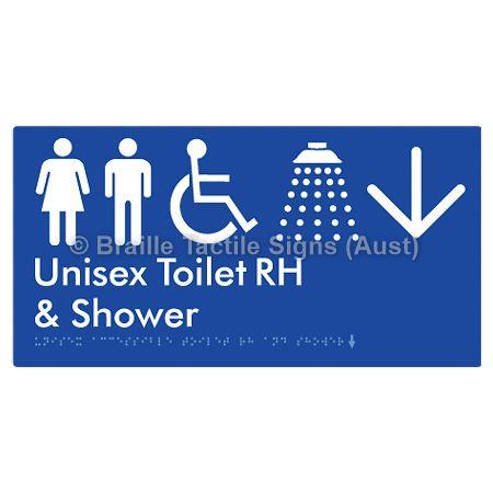 Braille Sign Unisex Accessible Toilet RH & Shower w/ Large Arrow: - Braille Tactile Signs Aust. - BTS35RHn->L-blu - Custom Signs - Fast Shipping - High Quality - Australian Made &amp; Owned