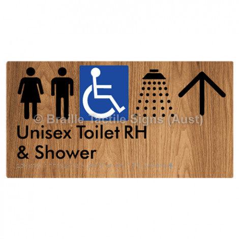 Braille Sign Unisex Accessible Toilet RH & Shower w/ Large Arrow: - Braille Tactile Signs Aust. - BTS35RHn->L-blu - Custom Signs - Fast Shipping - High Quality - Australian Made &amp; Owned