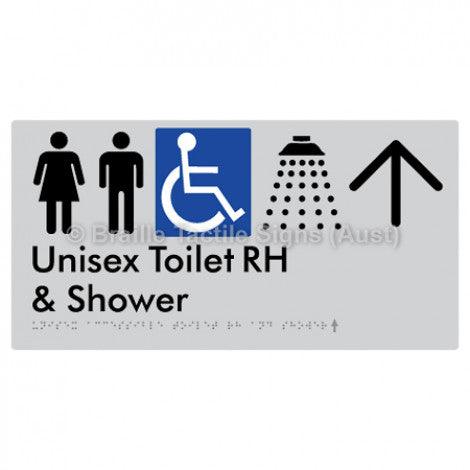 Braille Sign Unisex Accessible Toilet RH & Shower w/ Large Arrow: - Braille Tactile Signs (Aust) - BTS35RHn->L-blu - Fully Custom Signs - Fast Shipping - High Quality - Australian Made &amp; Owned