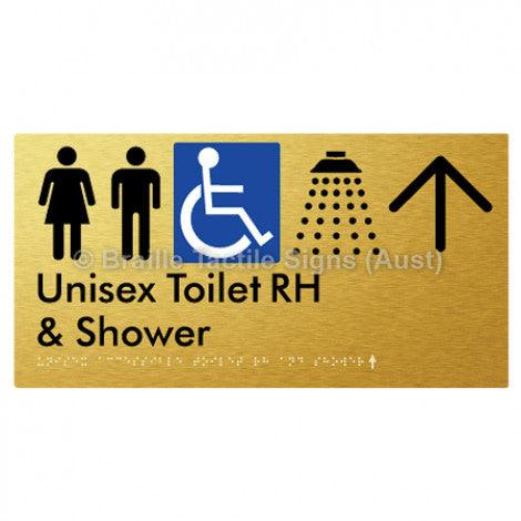 Braille Sign Unisex Accessible Toilet RH & Shower w/ Large Arrow: - Braille Tactile Signs (Aust) - BTS35RHn->L-blu - Fully Custom Signs - Fast Shipping - High Quality - Australian Made &amp; Owned