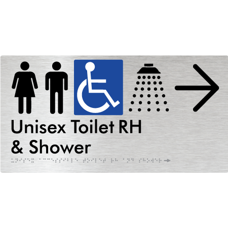 Braille Sign Unisex Accessible Toilet RH & Shower w/ Large Arrow: - Braille Tactile Signs Aust. - BTS35RHn->R-aliB - Custom Signs - Fast Shipping - High Quality - Australian Made &amp; Owned