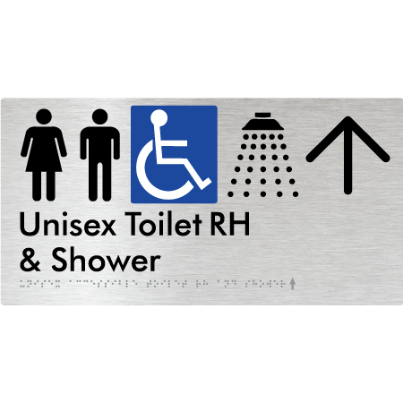 Braille Sign Unisex Accessible Toilet RH & Shower w/ Large Arrow: - Braille Tactile Signs Aust. - BTS35RHn->U-aliB - Custom Signs - Fast Shipping - High Quality - Australian Made &amp; Owned