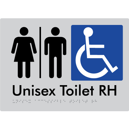 Braille Sign Unisex Accessible Toilet RH w/ Air Lock - Braille Tactile Signs Aust. - BTS11RHn-AL-slv - Custom Signs - Fast Shipping - High Quality - Australian Made &amp; Owned