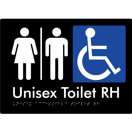 Braille Sign Unisex Accessible Toilet RH w/ Air Lock - Braille Tactile Signs Aust. - BTS11RHn-AL-blk - Custom Signs - Fast Shipping - High Quality - Australian Made &amp; Owned