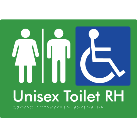 Braille Sign Unisex Accessible Toilet RH w/ Air Lock - Braille Tactile Signs Aust. - BTS11RHn-AL-grn - Custom Signs - Fast Shipping - High Quality - Australian Made &amp; Owned