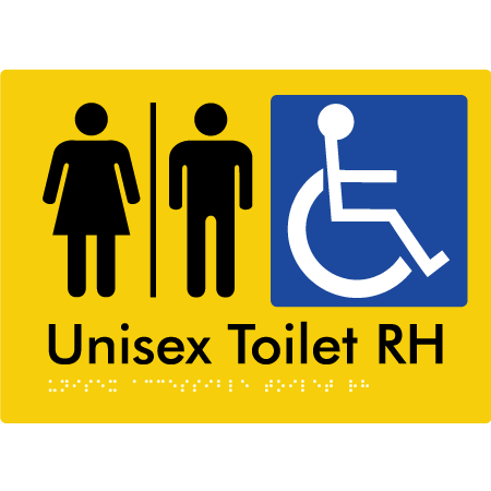 Braille Sign Unisex Accessible Toilet RH w/ Air Lock - Braille Tactile Signs Aust. - BTS11RHn-AL-yel - Custom Signs - Fast Shipping - High Quality - Australian Made &amp; Owned