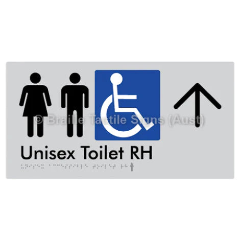 Braille Sign Unisex Accessible Toilet RH w/ Large Arrow - Braille Tactile Signs (Aust) - BTS11RHn->U-slv - Fully Custom Signs - Fast Shipping - High Quality - Australian Made &amp; Owned
