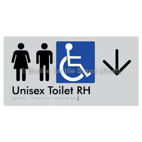 Braille Sign Unisex Accessible Toilet RH w/ Large Arrow - Braille Tactile Signs (Aust) - BTS11RHn->D-slv - Fully Custom Signs - Fast Shipping - High Quality - Australian Made &amp; Owned