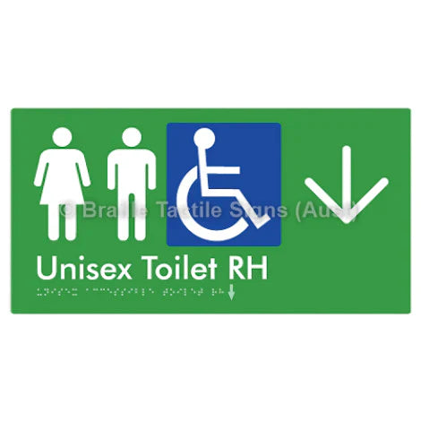 Braille Sign Unisex Accessible Toilet RH w/ Large Arrow - Braille Tactile Signs (Aust) - BTS11RHn->D-grn - Fully Custom Signs - Fast Shipping - High Quality - Australian Made &amp; Owned