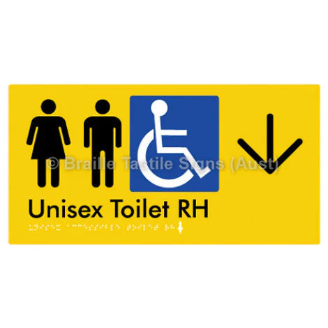 Braille Sign Unisex Accessible Toilet RH w/ Large Arrow - Braille Tactile Signs (Aust) - BTS11RHn->D-yel - Fully Custom Signs - Fast Shipping - High Quality - Australian Made &amp; Owned