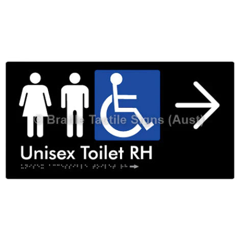 Braille Sign Unisex Accessible Toilet RH w/ Large Arrow - Braille Tactile Signs (Aust) - BTS11RHn->R-blk - Fully Custom Signs - Fast Shipping - High Quality - Australian Made &amp; Owned