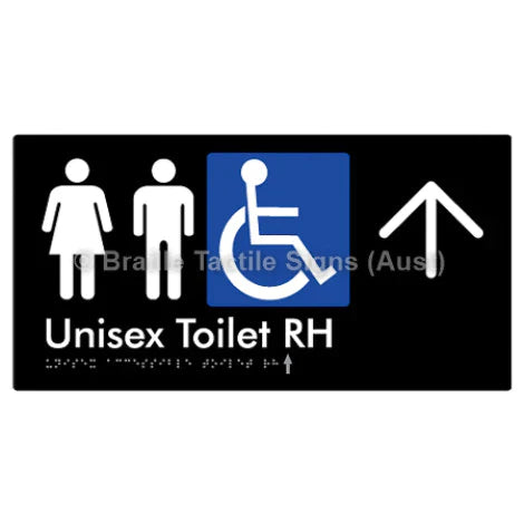 Braille Sign Unisex Accessible Toilet RH w/ Large Arrow - Braille Tactile Signs (Aust) - BTS11RHn->U-blk - Fully Custom Signs - Fast Shipping - High Quality - Australian Made &amp; Owned