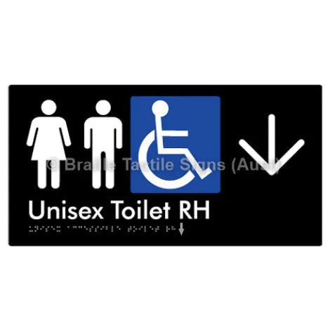 Braille Sign Unisex Accessible Toilet RH w/ Large Arrow - Braille Tactile Signs (Aust) - BTS11RHn->D-blk - Fully Custom Signs - Fast Shipping - High Quality - Australian Made &amp; Owned