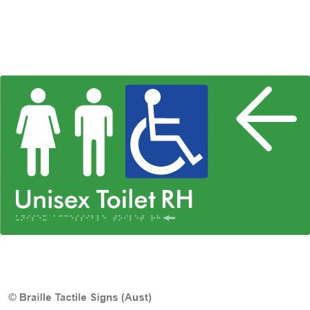 Braille Sign Unisex Accessible Toilet RH w/ Large Arrow - Braille Tactile Signs (Aust) - BTS11RHn->L-grn - Fully Custom Signs - Fast Shipping - High Quality - Australian Made &amp; Owned