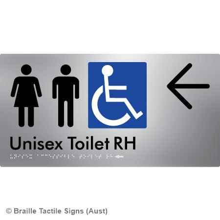 Braille Sign Unisex Accessible Toilet RH w/ Large Arrow - Braille Tactile Signs (Aust) - BTS11RHn->L-aliS - Fully Custom Signs - Fast Shipping - High Quality - Australian Made &amp; Owned