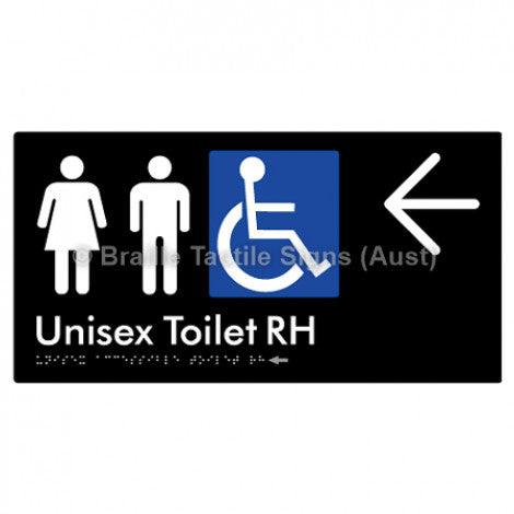 Braille Sign Unisex Accessible Toilet RH w/ Large Arrow - Braille Tactile Signs (Aust) - BTS11RHn->L-blk - Fully Custom Signs - Fast Shipping - High Quality - Australian Made &amp; Owned