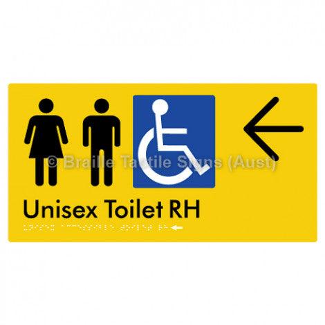 Braille Sign Unisex Accessible Toilet RH w/ Large Arrow - Braille Tactile Signs (Aust) - BTS11RHn->L-yel - Fully Custom Signs - Fast Shipping - High Quality - Australian Made &amp; Owned