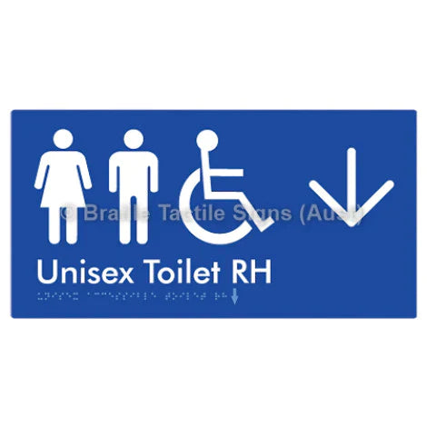 Braille Sign Unisex Accessible Toilet RH w/ Large Arrow - Braille Tactile Signs (Aust) - BTS11RHn->D-blu - Fully Custom Signs - Fast Shipping - High Quality - Australian Made &amp; Owned