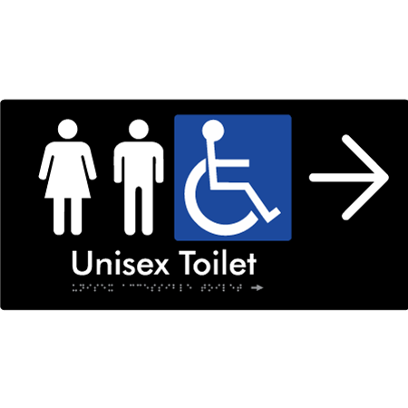 Braille Sign Unisex Accessible Toilet with Arrow - Braille Tactile Signs Aust. - BTS210->R-blk - Custom Signs - Fast Shipping - High Quality - Australian Made &amp; Owned