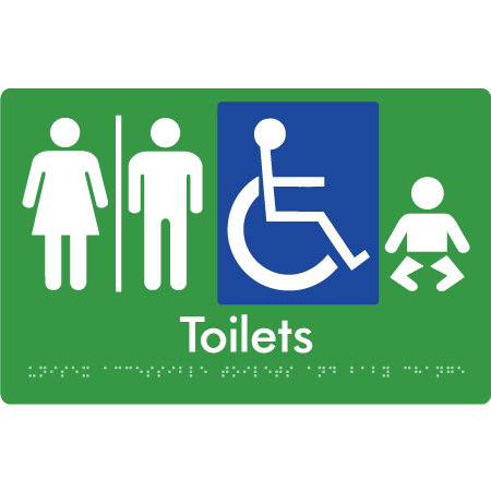 Braille Sign Unisex Accessible Toilets & Baby Change w/ Air Lock - Braille Tactile Signs Aust. - BTS207-AL-grn - Custom Signs - Fast Shipping - High Quality - Australian Made &amp; Owned
