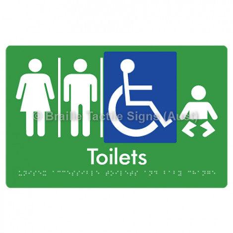 Braille Sign Unisex Accessible Toilets & Baby Change w/ Air Lock x 2 - Braille Tactile Signs (Aust) - BTS207-AL-AL-grn - Fully Custom Signs - Fast Shipping - High Quality - Australian Made &amp; Owned