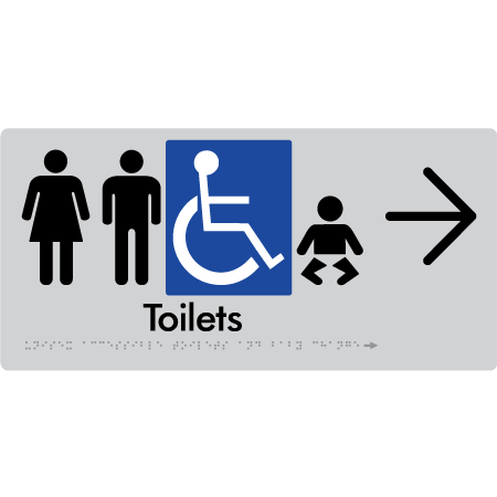 Braille Sign Unisex Accessible Toilets & Baby Change w/ Large Arrow - Braille Tactile Signs Aust. - BTS207->R-slv - Custom Signs - Fast Shipping - High Quality - Australian Made &amp; Owned