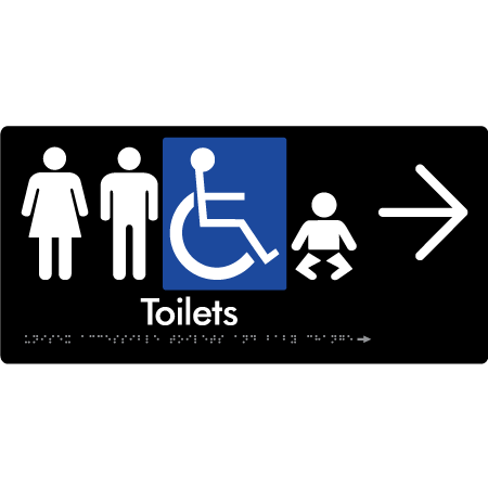 Braille Sign Unisex Accessible Toilets & Baby Change w/ Large Arrow - Braille Tactile Signs Aust. - BTS207->R-blk - Custom Signs - Fast Shipping - High Quality - Australian Made &amp; Owned