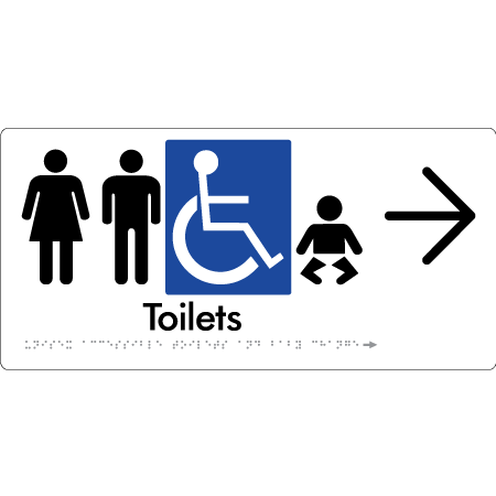 Braille Sign Unisex Accessible Toilets & Baby Change w/ Large Arrow - Braille Tactile Signs Aust. - BTS207->R-wht - Custom Signs - Fast Shipping - High Quality - Australian Made &amp; Owned